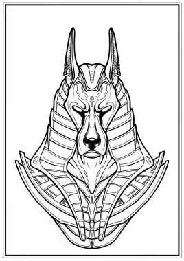 Antik Mısır Tanrısı - Anubis yakın plan, duruşmada terazinin koruyucusu Ölüler Krallığı 'nda arka plan olmadan Osiris, taç ve zırhlı karanlık bir çakalın izole edilmiş büstü. Satır sanatı.