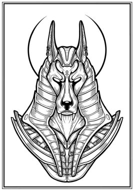 Taçlı ve zırhlı kara bir çakalın izole edilmiş büstü. Antik Mısır Tanrısı - Anubis yakın plan, duruşmada terazinin koruyucusu Osiris ölüler krallığında arka plan olmadan, çizgi sanatı.