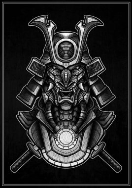 A dark Japanese robot warrior with mechanisms and pipes on the neck, an open mouth and sharp fangs. A close-up mechanical samurai demon with two katanas and a reactor on his chest, without background.