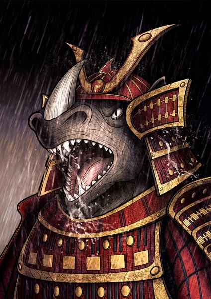 Formidable Samurai Rhino Open Mouth Stands Heavy Pouring Rain Portrait — Foto Stock
