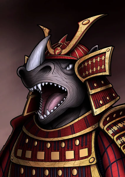 Portrait Japanese Warlord Red Gold Armor Screaming Rhinoceros Samurai Close —  Fotos de Stock