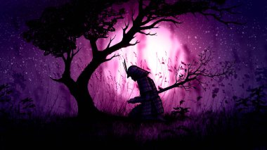 A dying Japanese warrior who pierced himself with a katana from which branches grow. The last samurai made harakiri, sitting at night in a field under a tree against the background of a raspberry moon