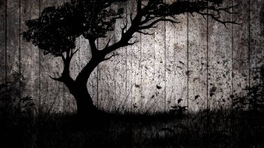 Ink graphic landscape in grunge style on an old concrete wall with texture and splashes. A lonely leaning tree stand in a field in the wind among tall bushes and thick grass with leaves flying nearby.