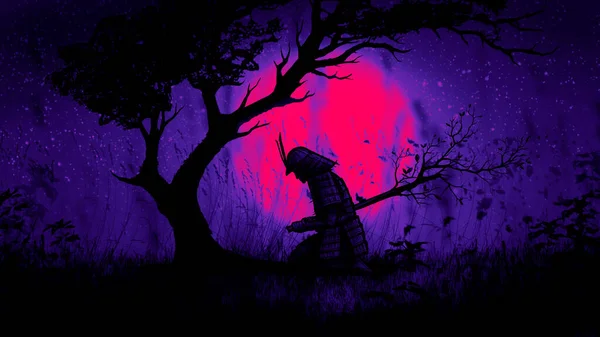 Last Samurai Made Harakiri Sitting Night Field Tree Background Pink — Foto Stock