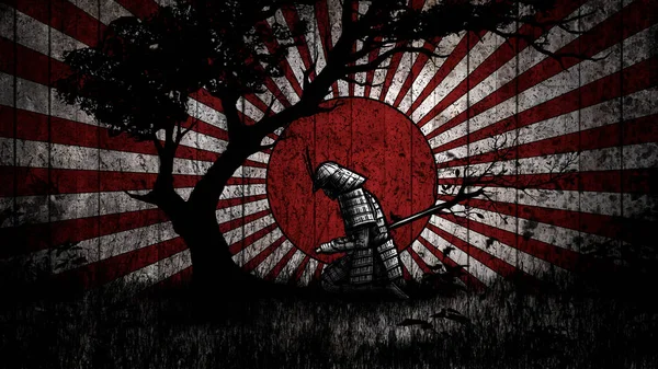 Last Samurai Made Harakiri Sitting Tree Background Japanese Flag Rays — Stock Fotó