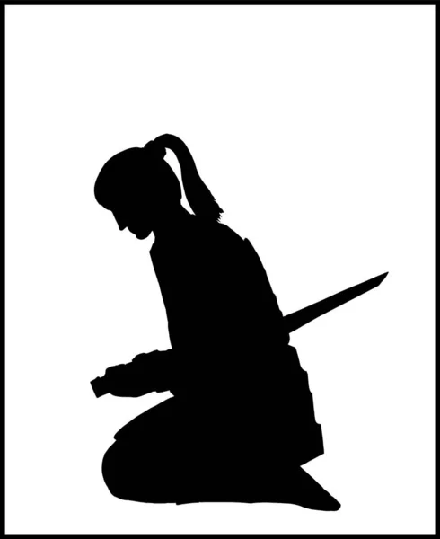Isolated Silhouette Sitting Japanese Warrior Ponytail Hair Who Pierced Himself — 스톡 벡터