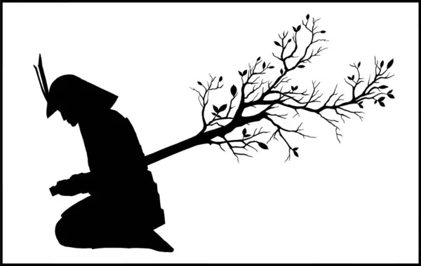 Isolated Silhouette Sitting Japanese Warrior Who Pierced Himself Katana Which — Vettoriale Stock
