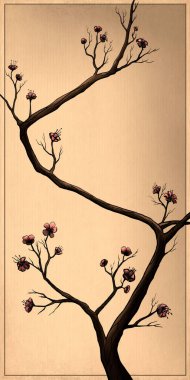 A young plant, blooming sakura with a long, winding trunk, on a beige background in a frame. The Japanese tree with a thin, curving trunk, delicate flowers and sharp branches without leaves.