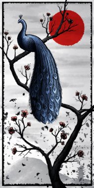 Eastern landscape with a magical blue bird, a young tree and the red sun in the clouds. A Peacock with a large tail sits on a blooming sakura against the backdrop of a volcano and flying leaves.