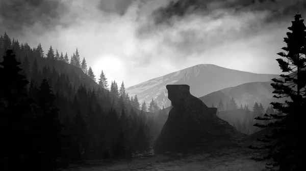 Paesaggio Monocromatico Montagna Una Scena Con Spesse Nuvole Sole Luminoso — Foto Stock