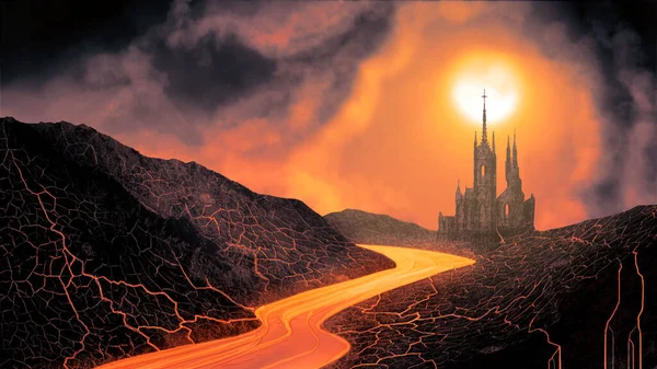 Темный Фантастический Пейзаж Ярким Оранжевым Солнцем Густыми Облаками Разрушенной Каменной — стоковое фото