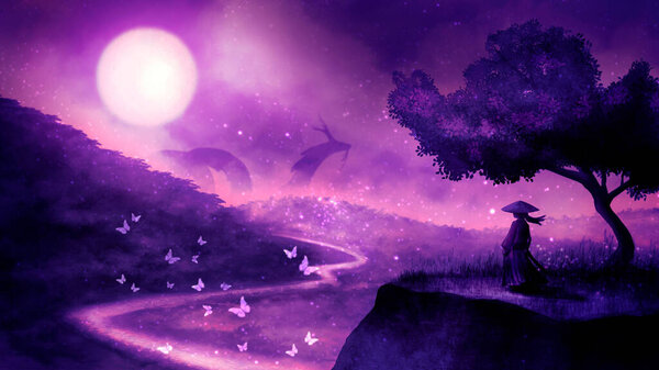 A fabulous night landscape with a mysterious forest dragon hiding behind blue hills in pink fog and clouds and a little girl standing on a rock under a lonely tree with magic butterflies and fireflies