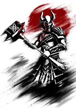 Mürekkep, sakallı, beyaz gözlü ve yüzünde yara izi olan bir barbar çiziyor. Boynuzlu bir Viking elinde büyük bir çekiçle kızıl güneşin arka planında duruyor..