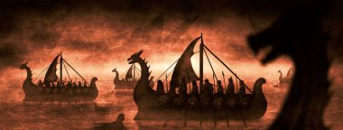 Kuzeyli savaşçıların gizemli sularda ejderha tekneleriyle seyahat ettiği fantezi manzarası. Uzun ahşap gemilerdeki Vikingler karanlık bir denizde kalkanları ve yelkenleri olan keskin kayalar ve denizkızlarının arasında sisli bir havada.