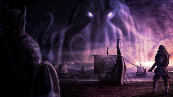 Темный Фантастический Пейзаж Испуганными Викингами Выходящим Воды Большим Морским Монстром — стоковое фото
