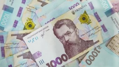 Bin tane UAN banknotu. Para saymak. Ukrayna 'ya Yardım