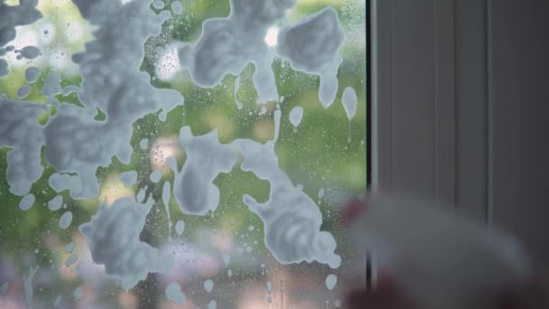 Glasreinigung Mit Spezialschaum Fenster Putzen Glasreinigungsspray — Stockvideo