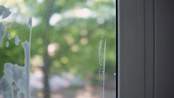 Schaum Von Der Innenseite Des Fensters Wischen Reinigungsdienst Werkzeuge Für — Stockvideo