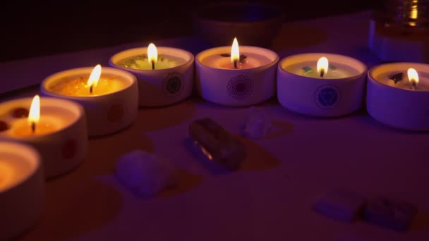 Esoteric Rite Aroma Candles Quartz Crystals Tarot Runes Purple Candlelight — 图库视频影像