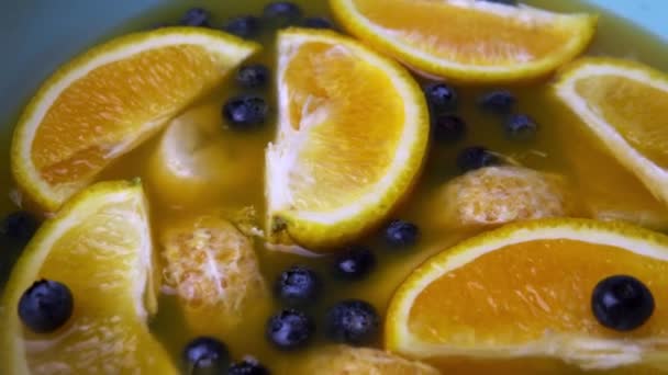 Summer Fresh Drink Ripe Fruits Blue Bowl Orange Slices Banana — Αρχείο Βίντεο