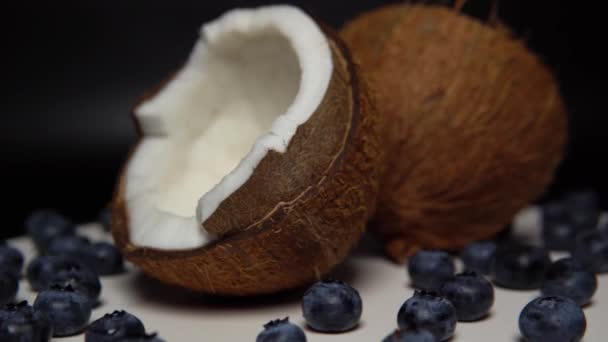 Fresh Washed Ripe Blueberry Two Halves Coconut — Stockvideo
