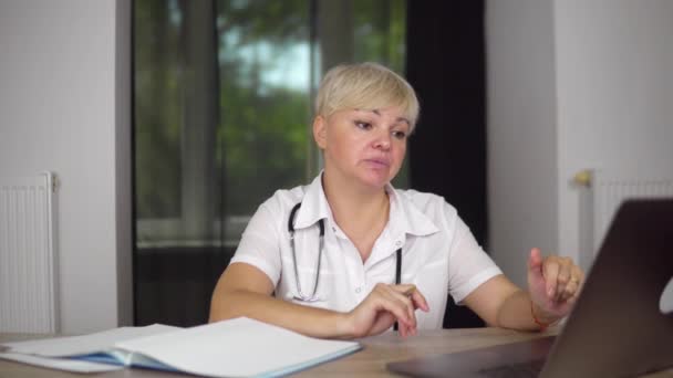 Joyful Women Physician Medical Gown Stethoscope Talking Patient Video Chat — Vídeo de stock