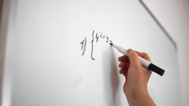 Math Algebra Lesson Education Female Student Solving Math Equation Whiteboard — Wideo stockowe