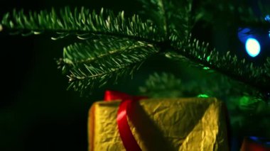 The brightly green fir-tree branch with present in yellow gift wrap with red ribbon.