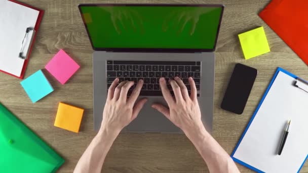 Man Working Laptop Modern Workplace Green Screen Mockup — Stok video