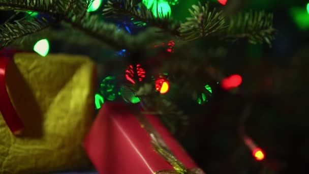 Celebration New Year Gift Boxes Fir Tree Evening Scene — Stockvideo