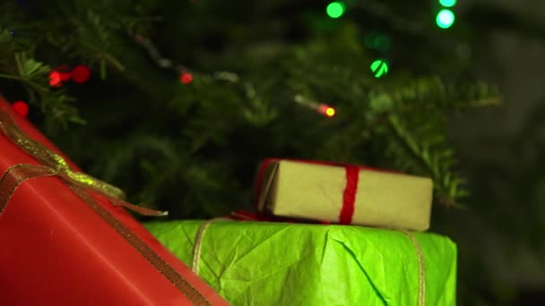 Celebration Christmas Present Boxes Fir Tree Evening Scene — Vídeos de Stock