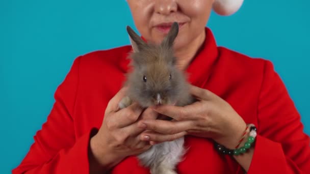 Взрослые Блондинки Шляпе Клауса Кроликом Взрослая Милая Женщина Кроликом — стоковое видео