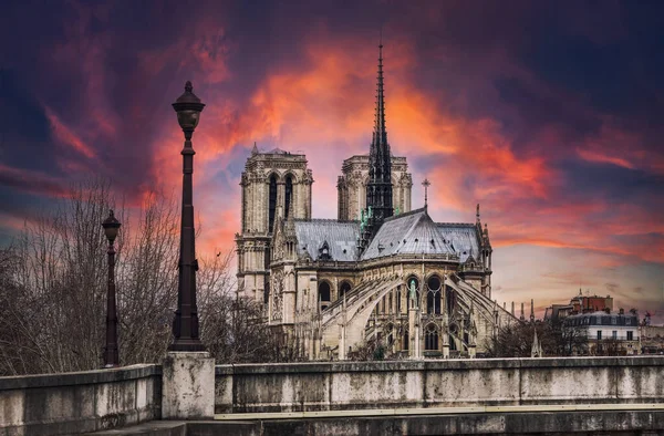 Paris 'teki Notre-Dame Katedrali üzerinde gün batımı - Fance