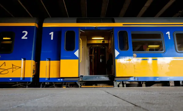 THE HAGUE - AUGUST 25: View of train at railway station on 25 August 2022 in the Hague, The Netherlands. The station is run by the Dutch Railway company NS and operates 4,800 trains a day.
