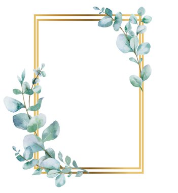 Okaliptüs dallı suluboya Noel çelengi. Beyaz arka planda yeşillik izole edilmiş elle boyanmış tatil çerçevesi. Çiçek çerçevesi. Winter Save the Date. Suluboya Okaliptüs Yeşillik Çerçevesi