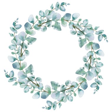 Okaliptüs dallı suluboya Noel çelengi. Beyaz arka planda yeşillik izole edilmiş elle boyanmış tatil çerçevesi. Çiçek çerçevesi. Winter Save the Date. Suluboya Okaliptüs Yeşillik Çerçevesi