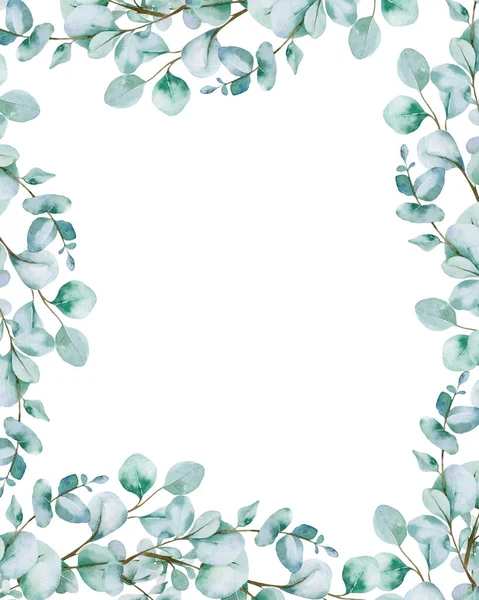 ユーカリの枝と水彩クリスマスリース 白い背景に緑が隔離された手描きの休日のフレーム 花のフレーム 冬日付を保存します 水彩ユーカリの緑のフレーム — ストック写真