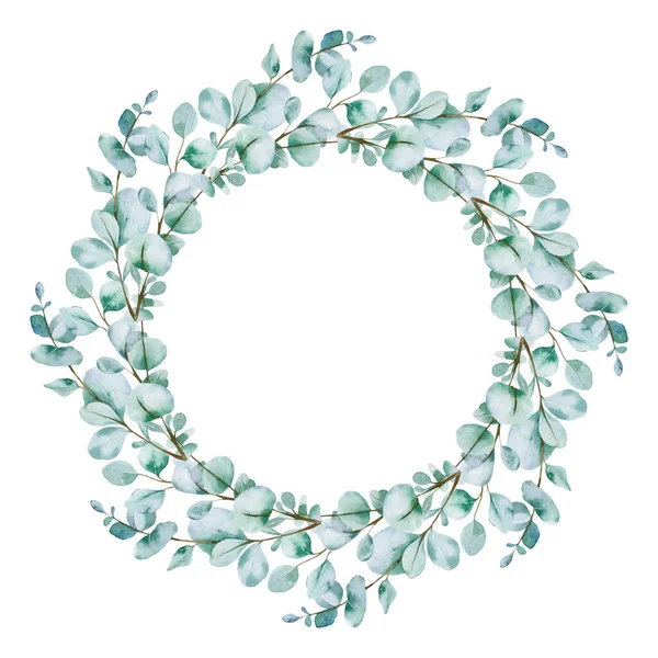 Okaliptüs dallı suluboya Noel çelengi. Beyaz arka planda yeşillik izole edilmiş elle boyanmış tatil çerçevesi. Çiçek çerçevesi. Winter Save the Date. Suluboya Okaliptüs Yeşillik Çerçevesi