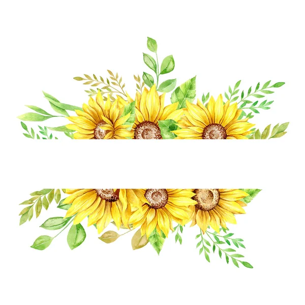 水彩艳丽的向日葵框架 白色背景的植物框架 植物图解 花框与向日葵水彩画 Rustic框架水彩画 — 图库照片