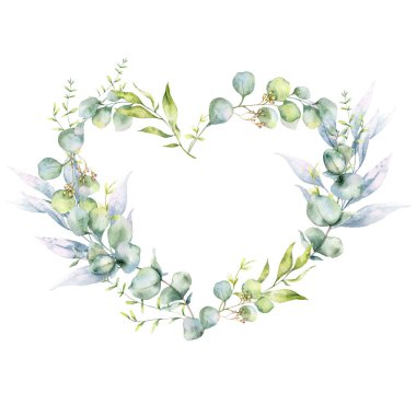 Okaliptüs Dalları Suluboya, Çiçek Çerçeve, Yeşillik Çerçevesi, Çiçek Düzenleme, Yeşil Yaprak Bileşimi