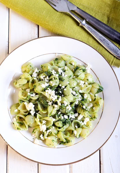 Cáscara de pasta con pesto casero — Foto de Stock