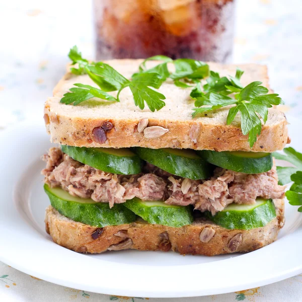 Tuna and cucumber sandwich on plate — Stock Photo, Image