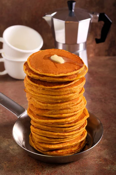 Pile Pumpkin Pancakes Pan — Stock Photo, Image