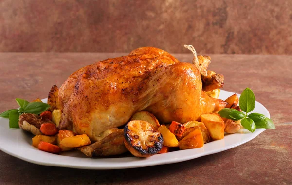 Baked Whole Chicken Vegetables Stock Picture