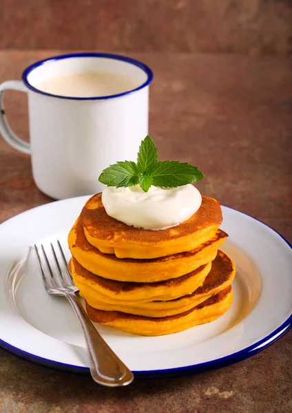 Pumpkin Pancakes Served Cream — Stock Photo, Image