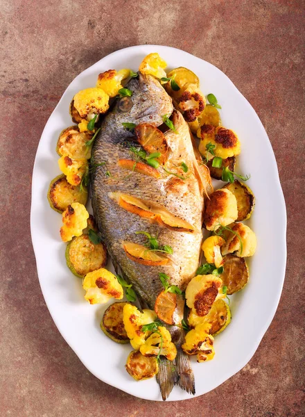 Sea Bream Baked Cauliflower Courgette — Stock Photo, Image