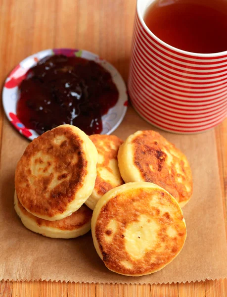 Cottage Cheese Fritters Cup Tea — Stock Photo, Image