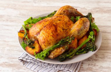 Fırında tavuk, patates ve brokoli.