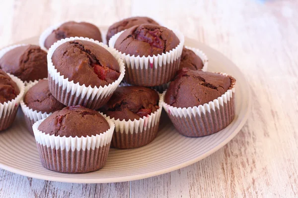 Chocolate Muffins Plums Nuts — Stockfoto