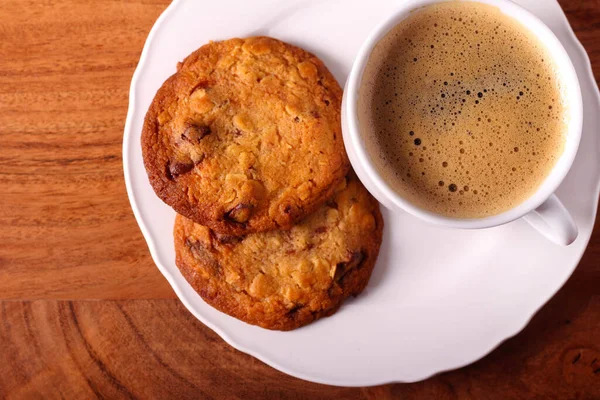 Homemade Chocolate Chip Oat Cookies Cup Coffee —  Fotos de Stock